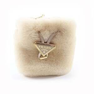 PRADA 1NR16P Sheepskin Mini Pouch, Ecru Beige, Triangle Logo, Chain Shoulder ...